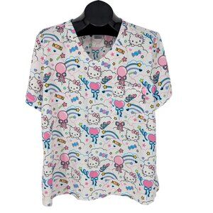 Hello Kitty Sanrio Scrub Shirt Size 2XL Rainbow Candy Balloon Print Kawaii Work